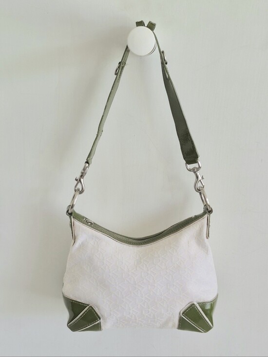 Dkny Handbags - DKNY White Jacquard Canvas and Avocado Green Patent Leatger Mediun Hobo Bag